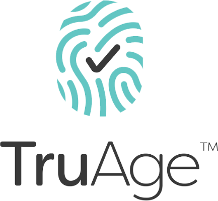 Logo of the youth access prevention program TruAge, a blue thumbprint with a black checkmark.